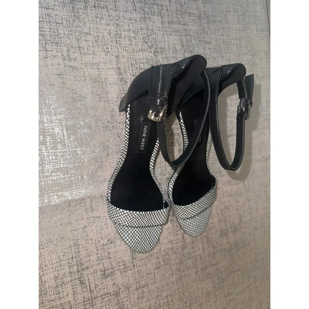 Nine West Black White Slingback Heels Open Toe Patterned Pumps